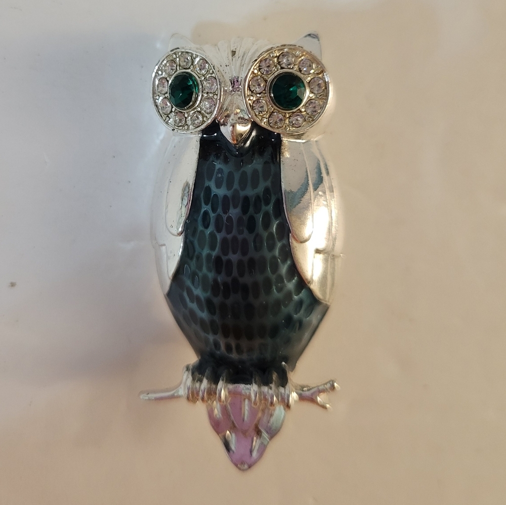 LC Enameled Owl On Branch Brooch Silvertone Dark Teal Enamel